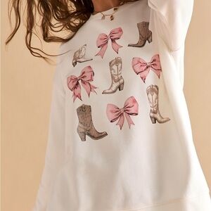 White Sweatshirt with Pink Bows and Boots Print